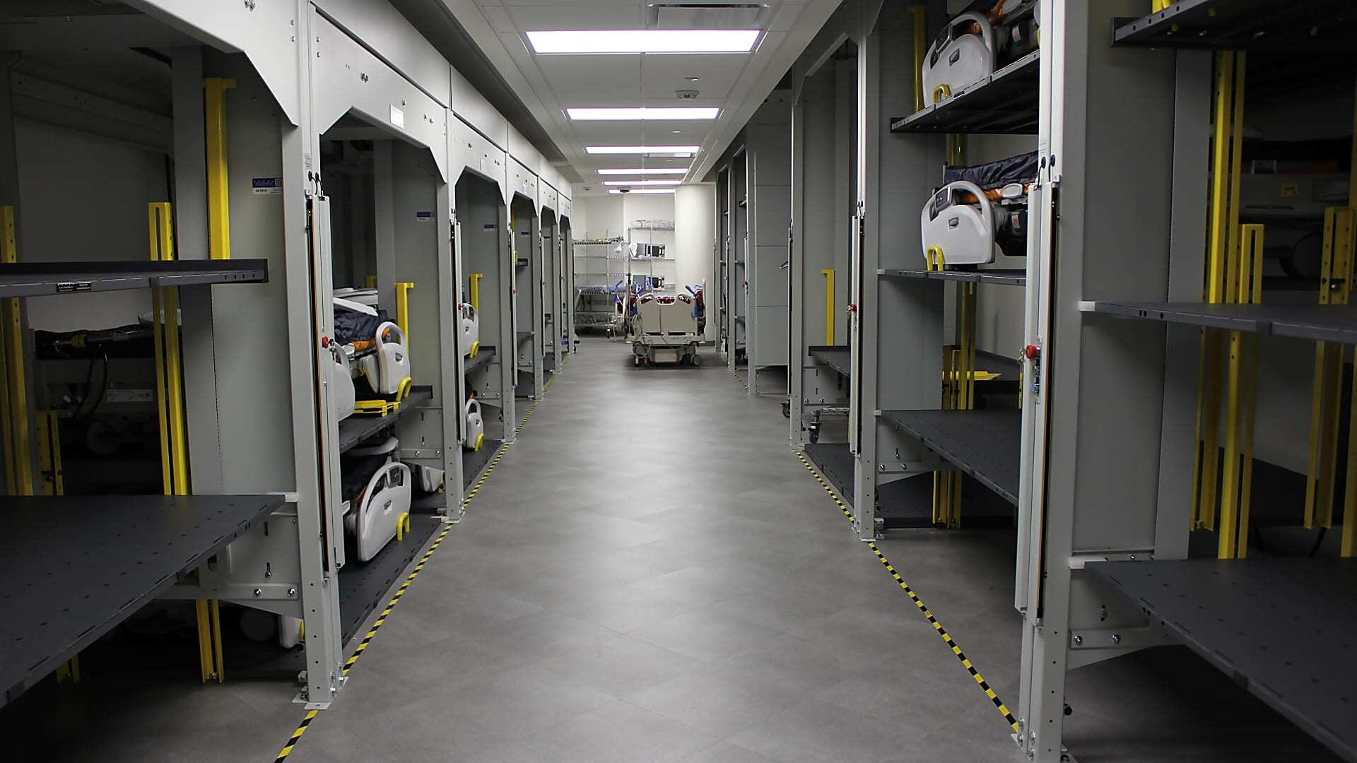 Universal Bed Stacker system storing hospital beds vertically at Texas Health Presbyterian Hospital Plano