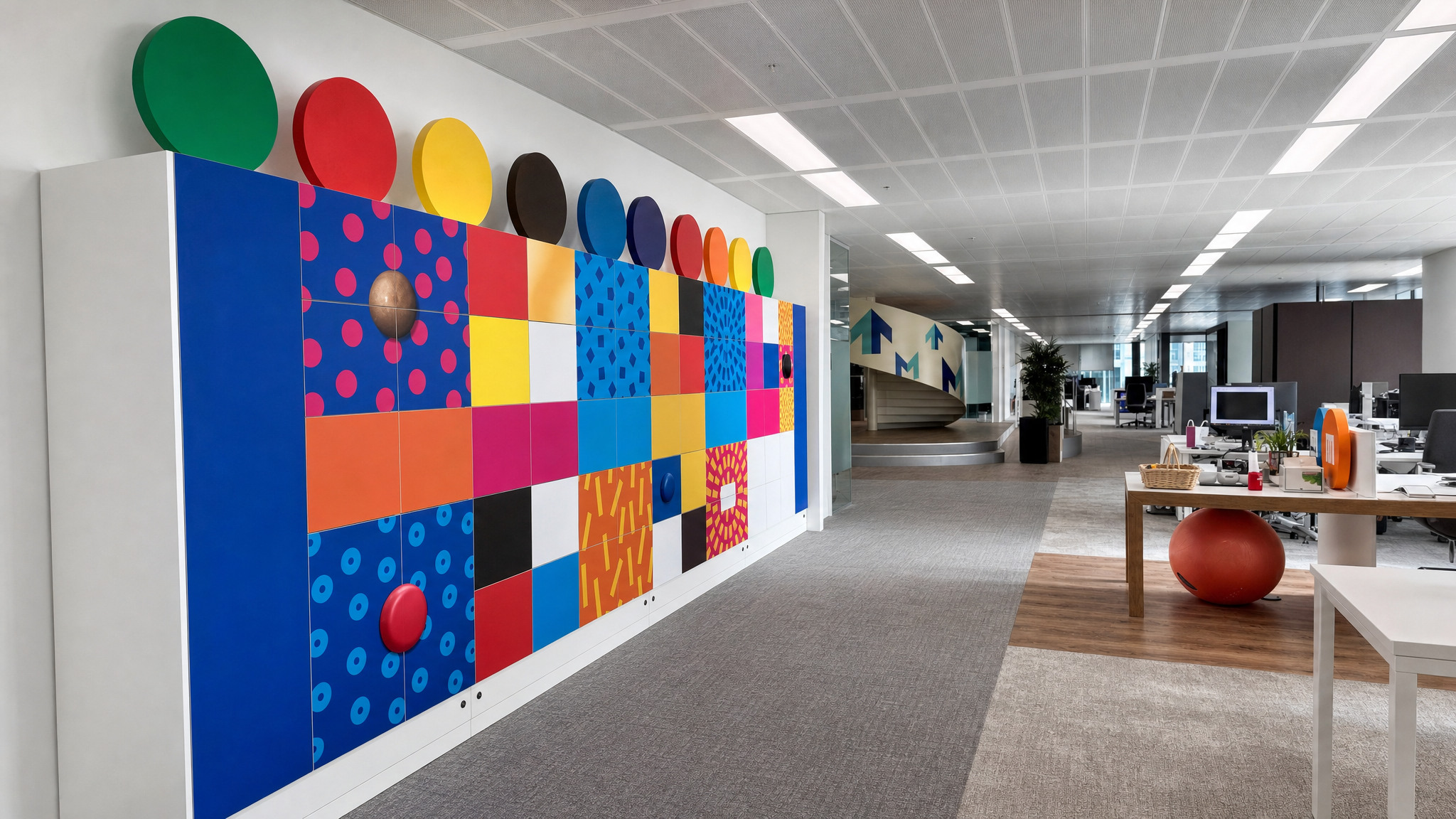 Wall of multicolored lockers with circular accents in a modern open office.