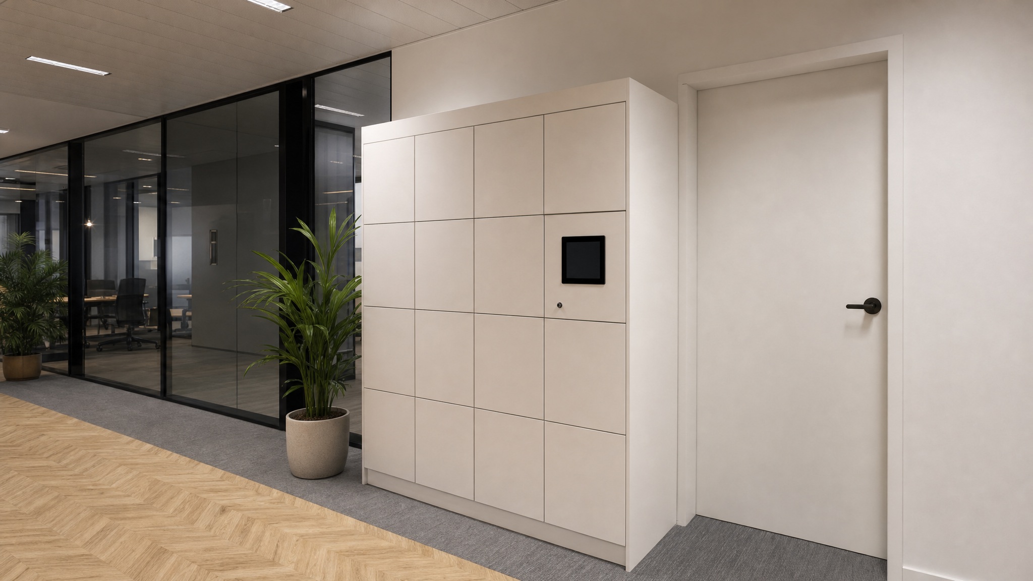 Beige locker bank with integrated display beside a potted plant in a hallway.