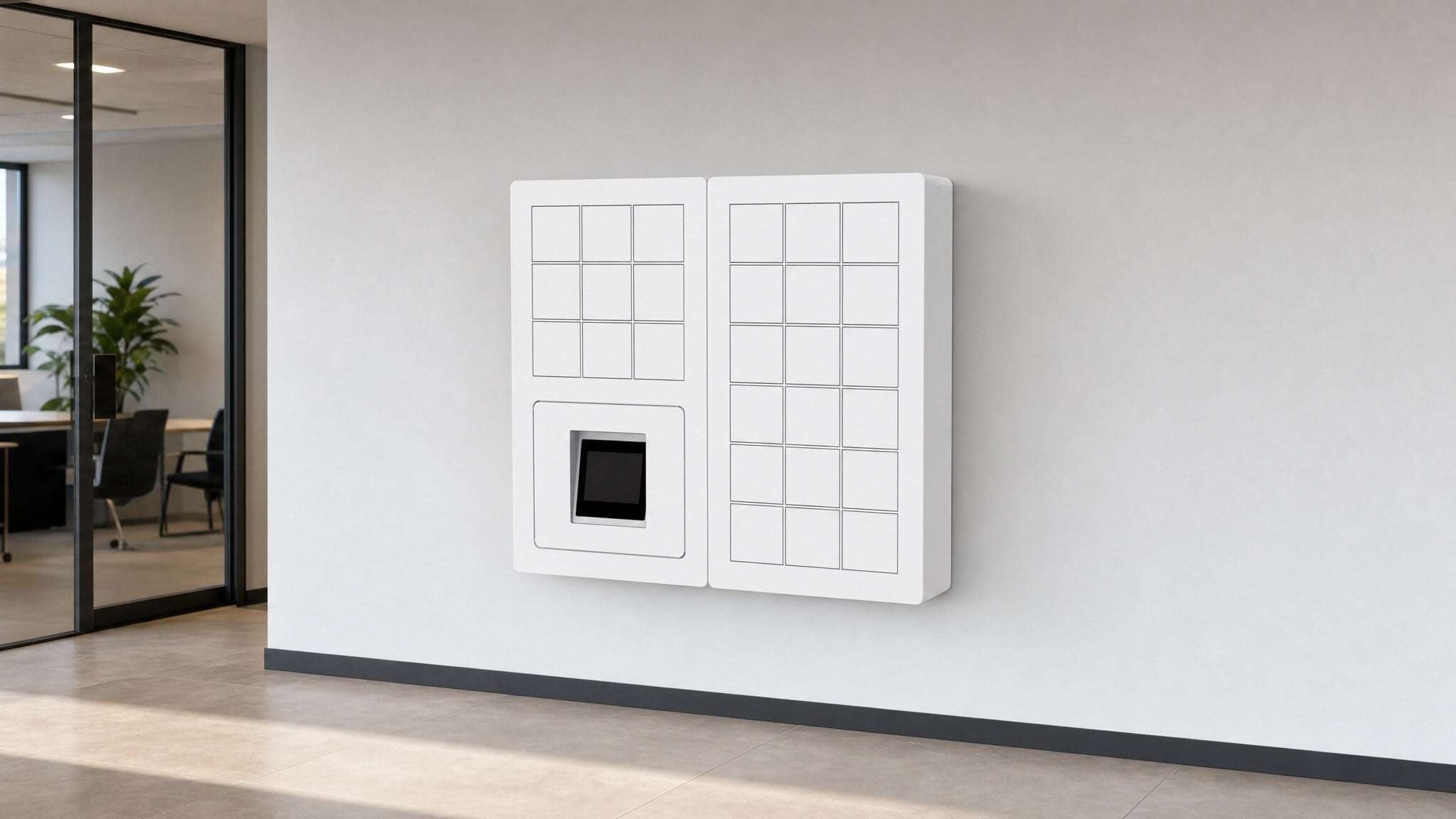 White wall-mounted locker system with a central display panel in a modern office.