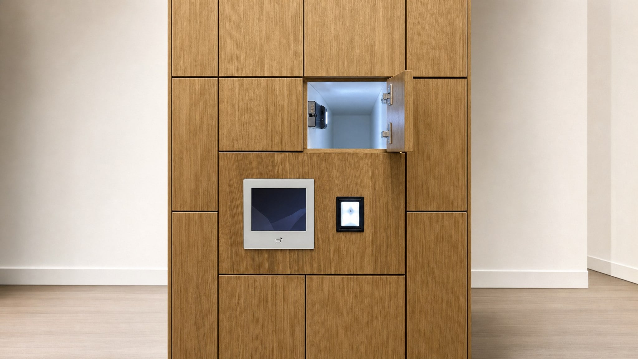 Wooden locker unit with one open compartment and two electronic access panels.