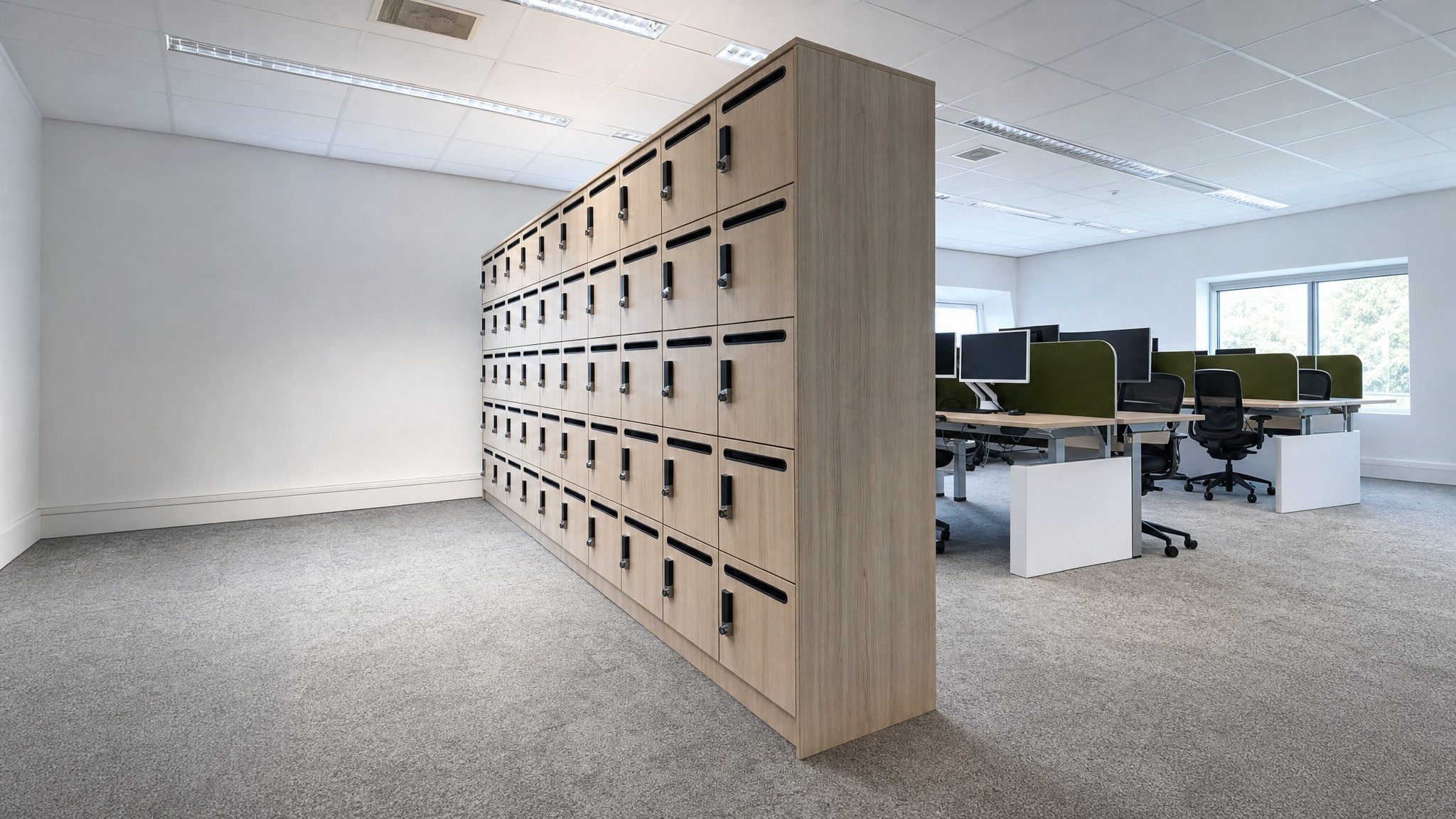 Wood finish locker wall with black door handles in a carpeted office area.