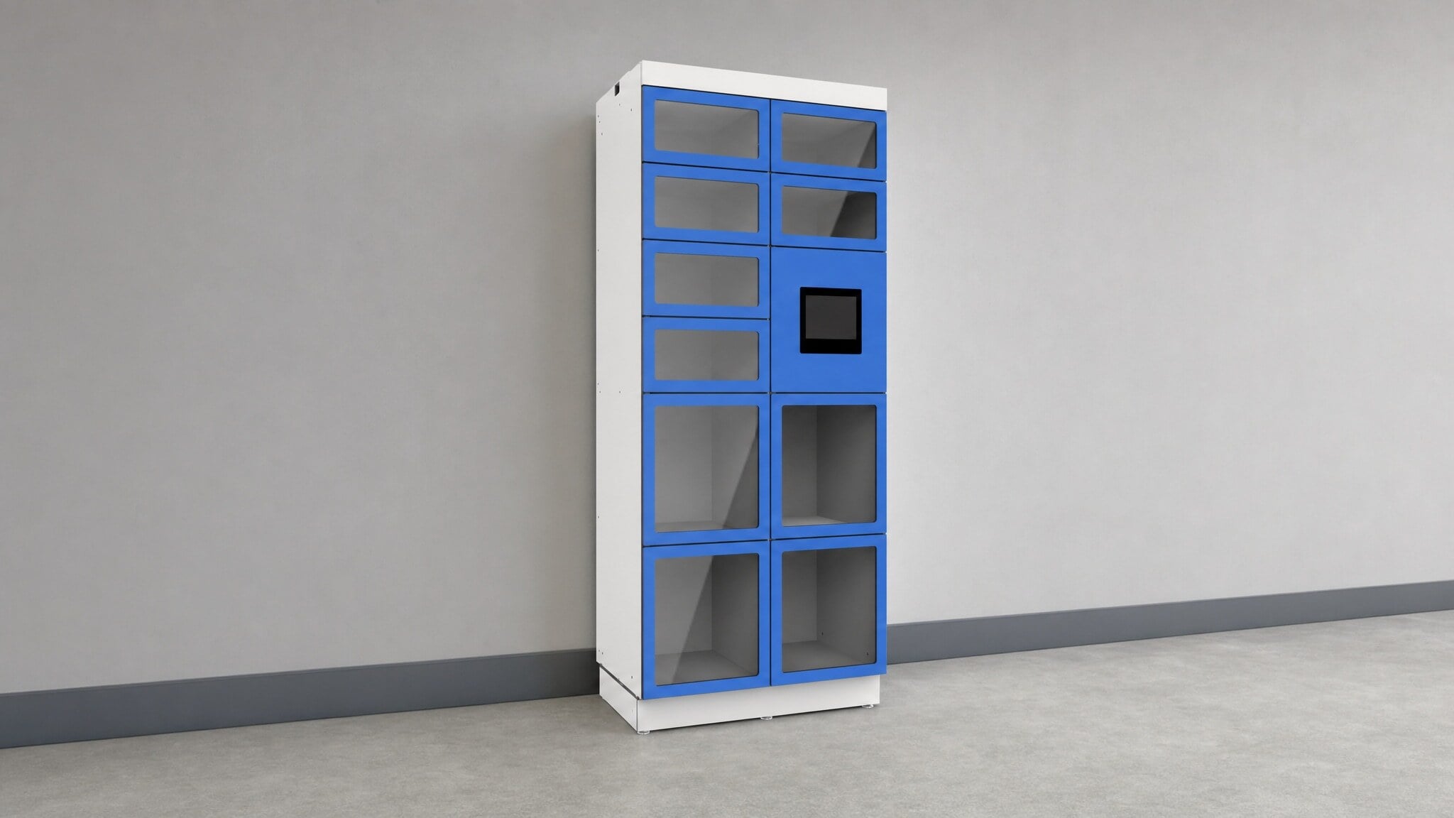 Tall keyless locker with blue cubby doors and touchscreen control panel