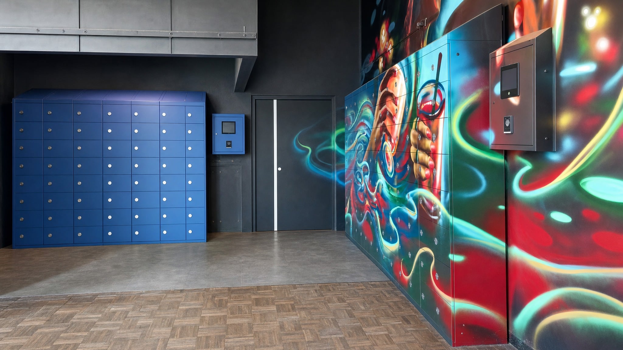 Indoor keyless locker banks including blue lockers and graffiti art lockers