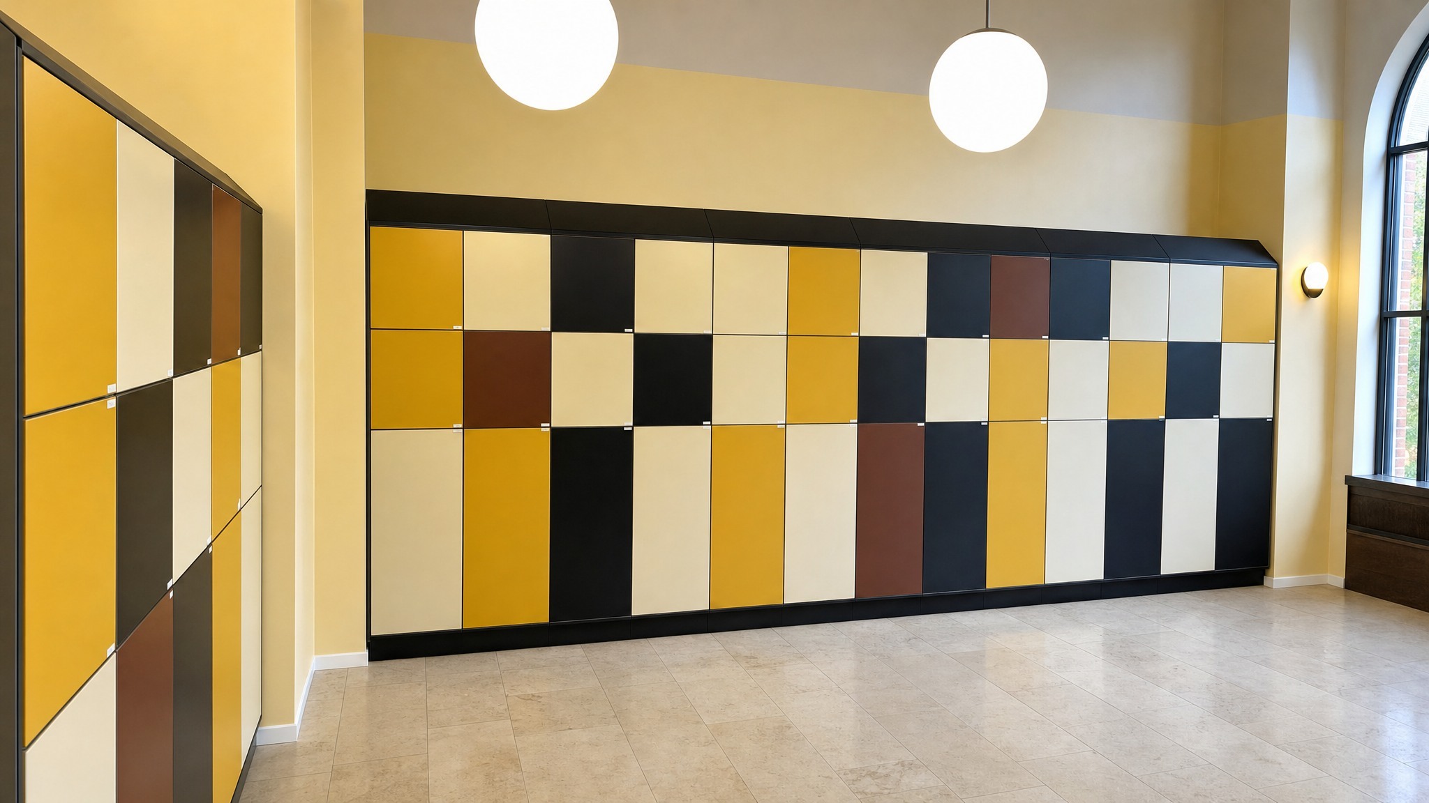 Guests using smart lockers for temporary storage in a hotel lobby
