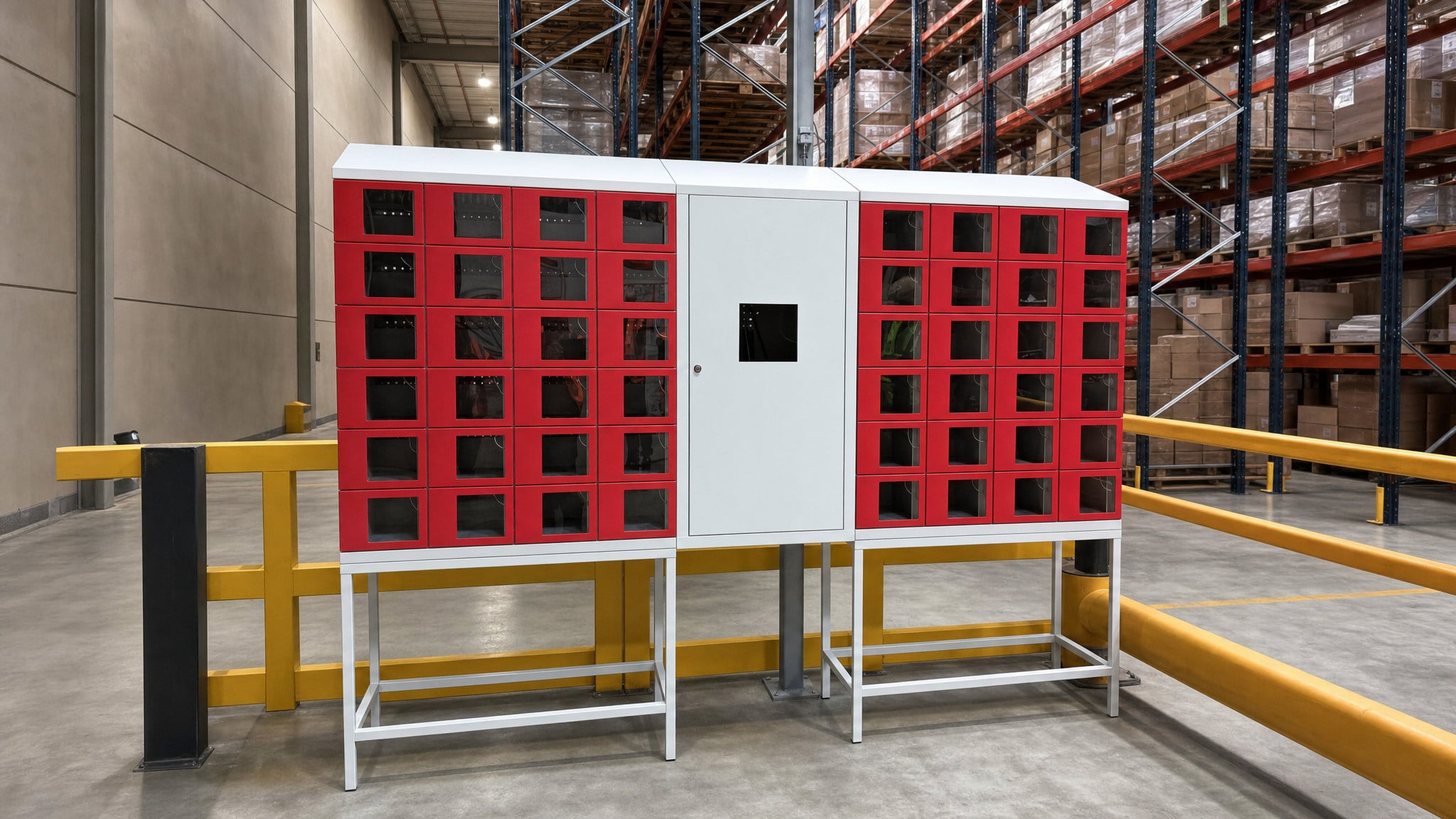 Worker retrieving tools from a smart locker in a factory