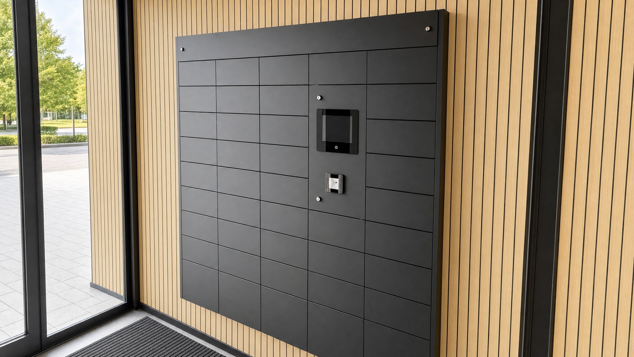 Wall-mounted dark locker bank with integrated display and access panel in a glass-walled room.