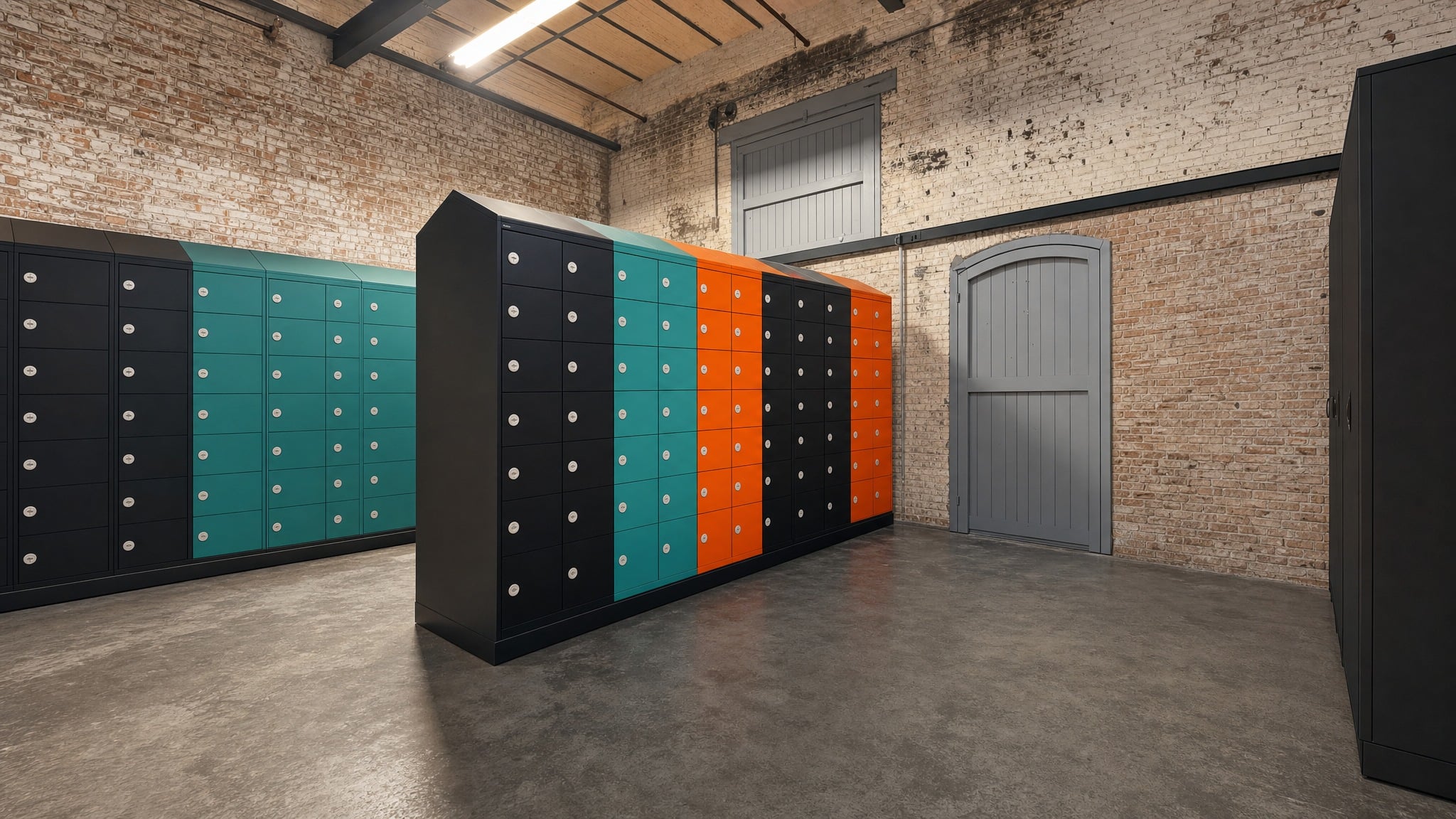 Banks of teal, orange, and dark lockers in a brick-walled room with concrete floor.