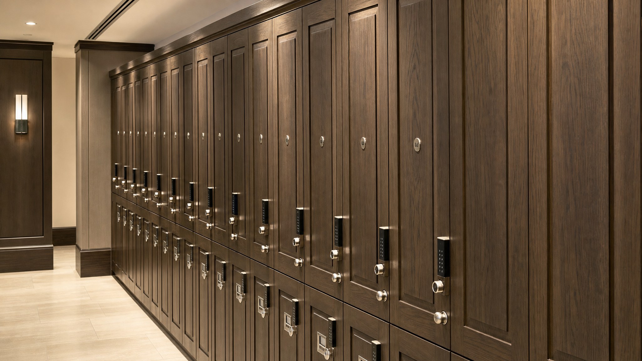 Long row of wood-finish lockers with digital keypads in a bright hallway.