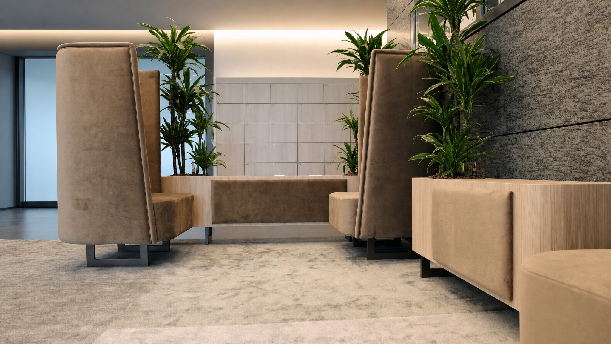 Light wood locker wall in a modern seating area with beige benches and green plants.