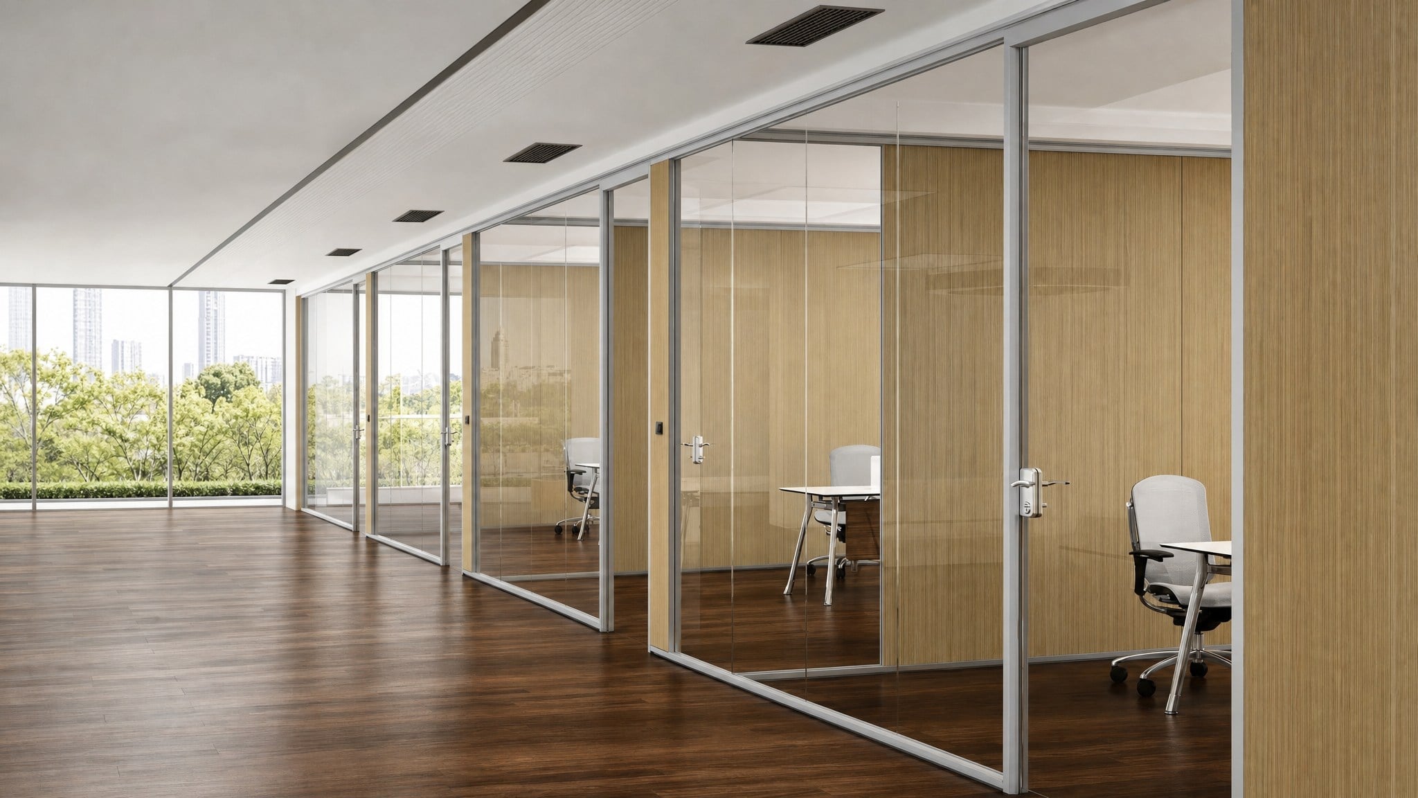 Movable and demountable glass wall options with doors and finishes