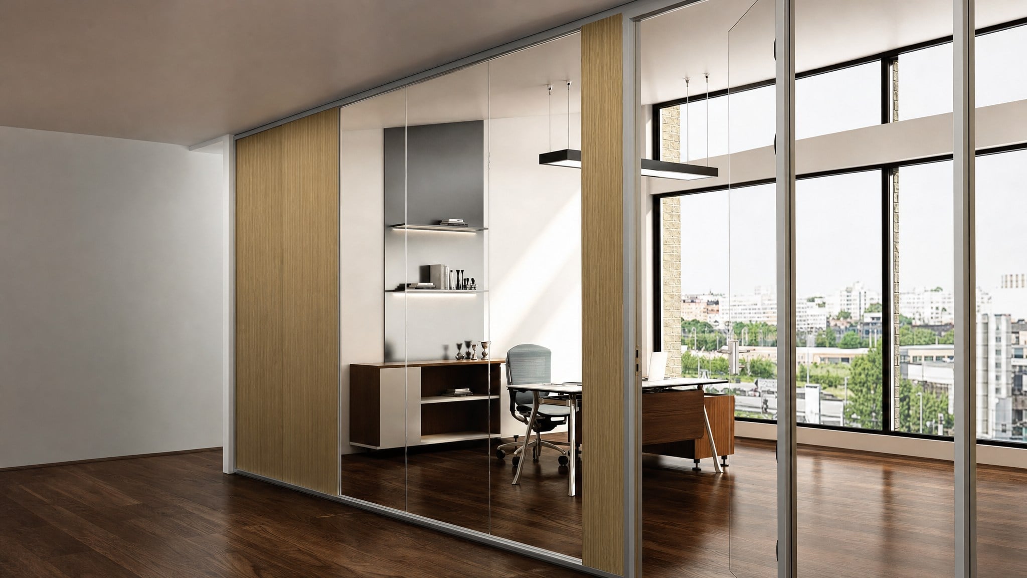 Office layout plan illustrating frameless glass wall placement