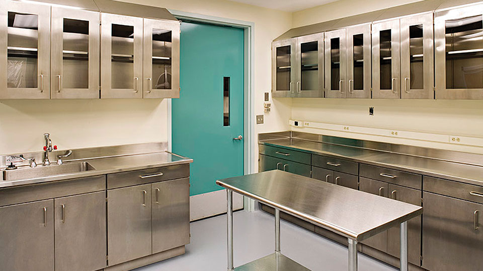 Sterile stainless steel casework with upper and lower cabinets, cleanroom sink, and prep surfaces in a laboratory or healthcare environment.