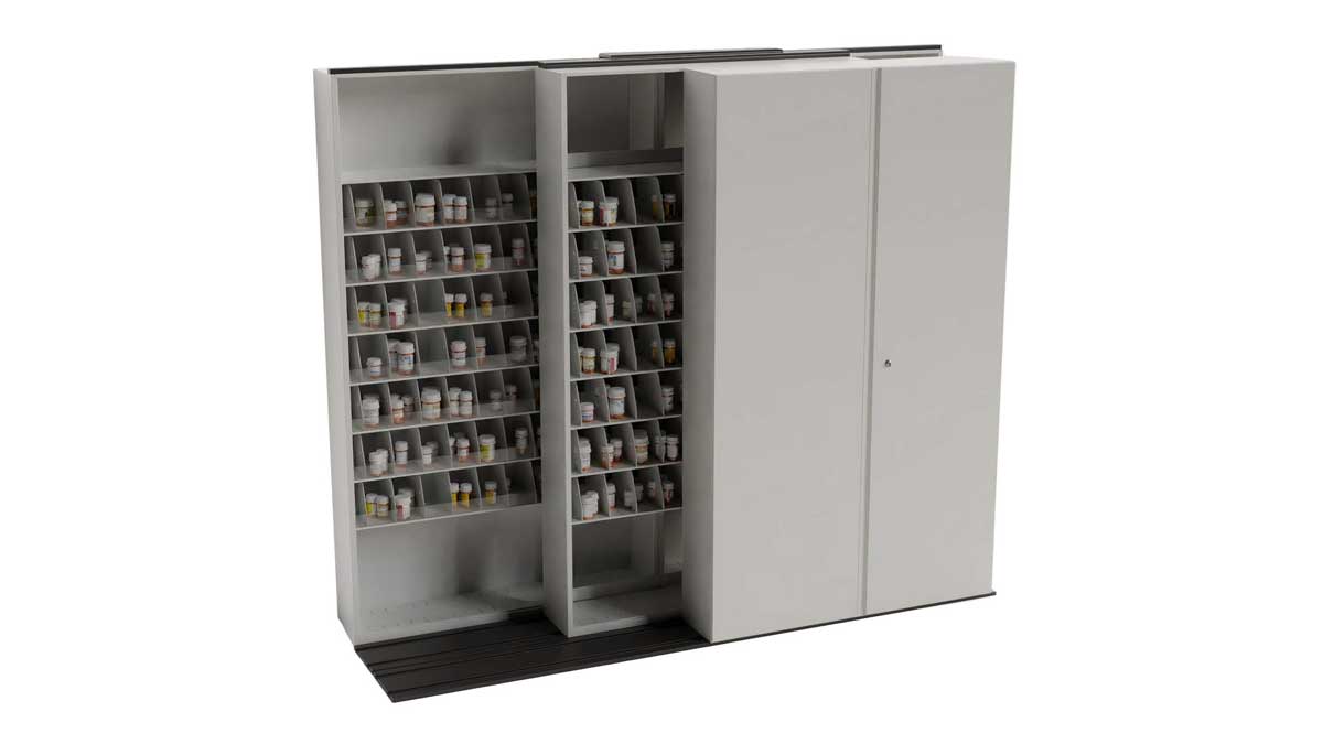 sliding pharmacy shelving unit with open compartments for easy medication organization