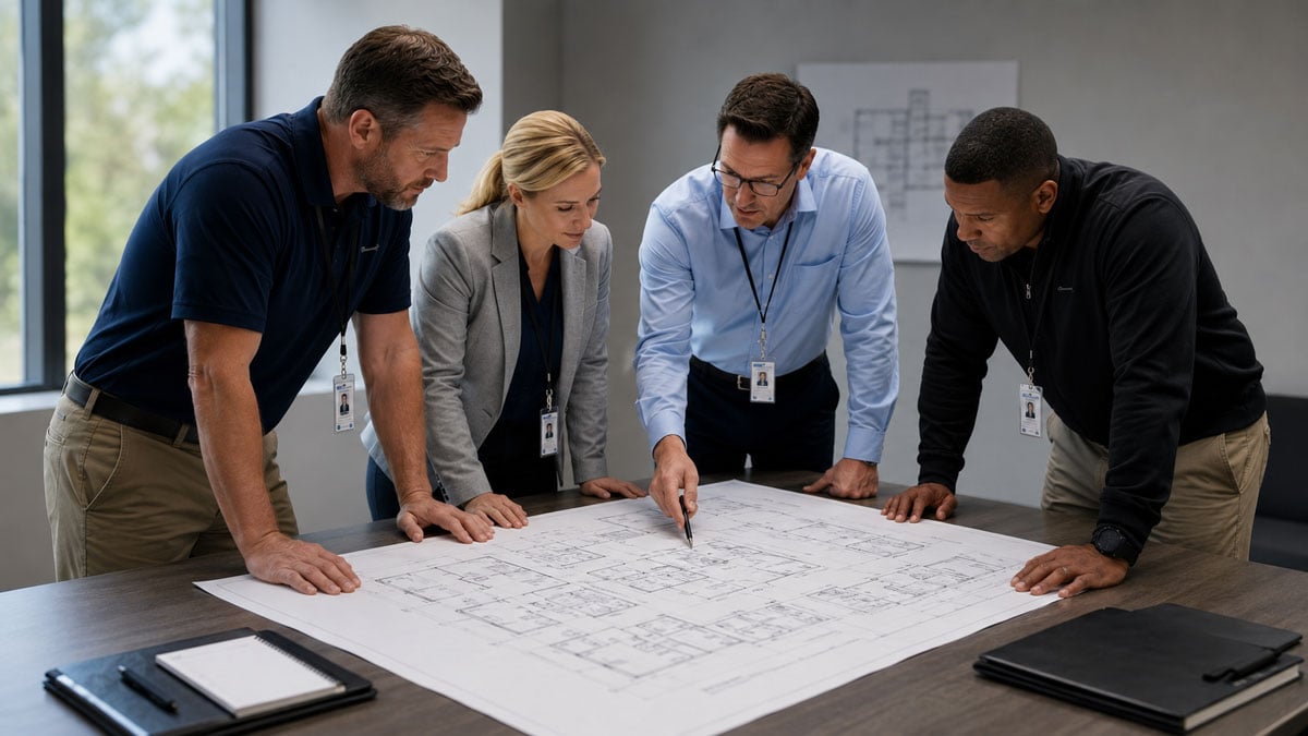 Security consultants reviewing blueprints for advanced weapon tracking systems
