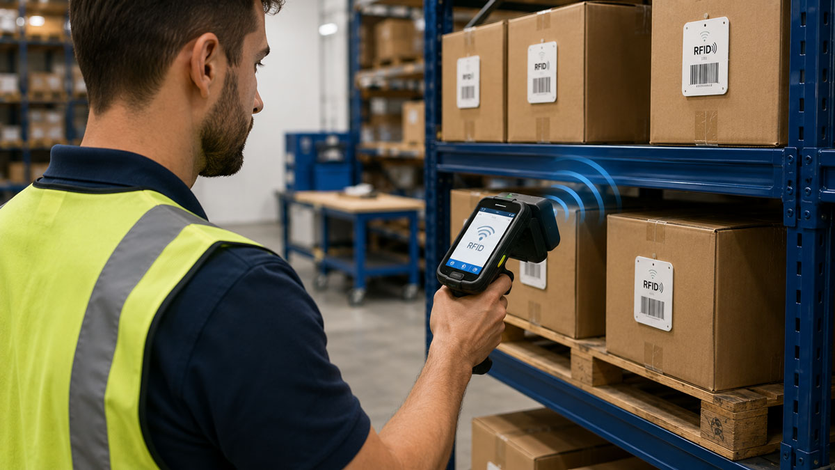 Person using handheld RFID reader to perform inventory asset check