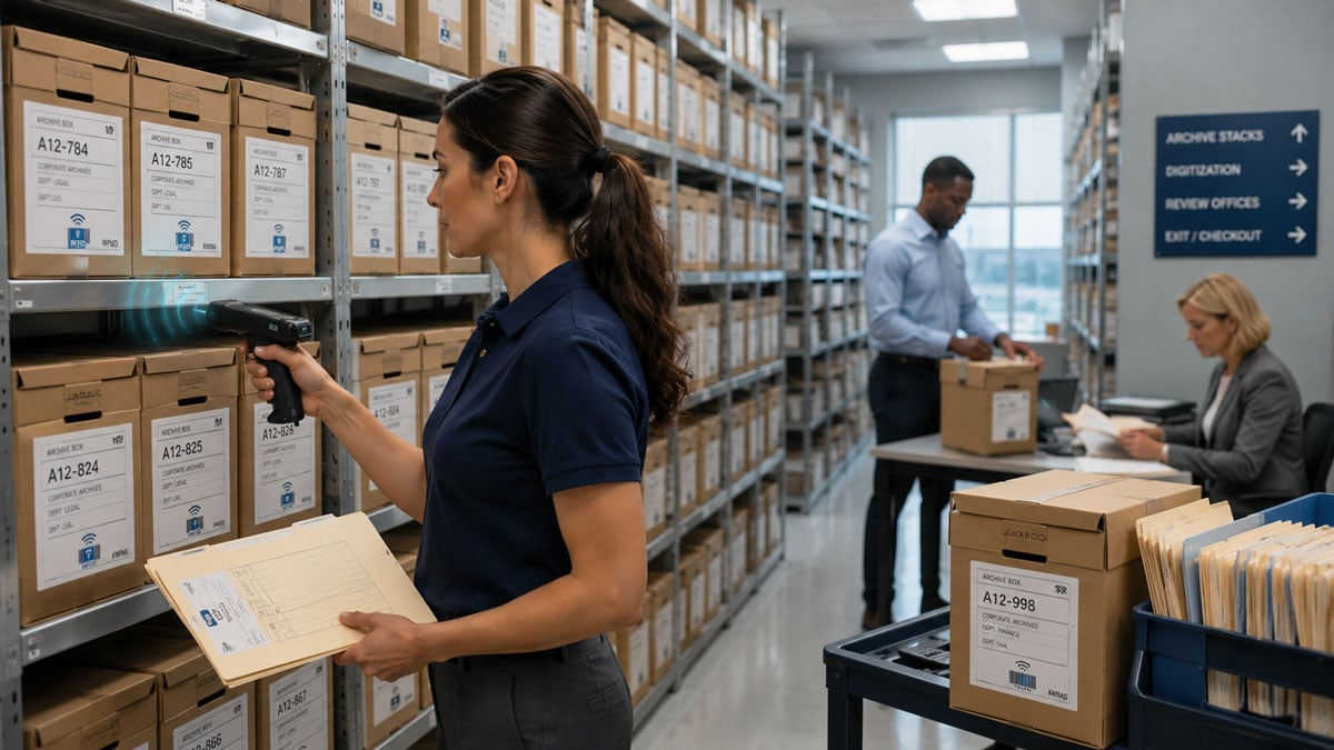 File Tracker Software: RFID archive storage area with organized file shelves