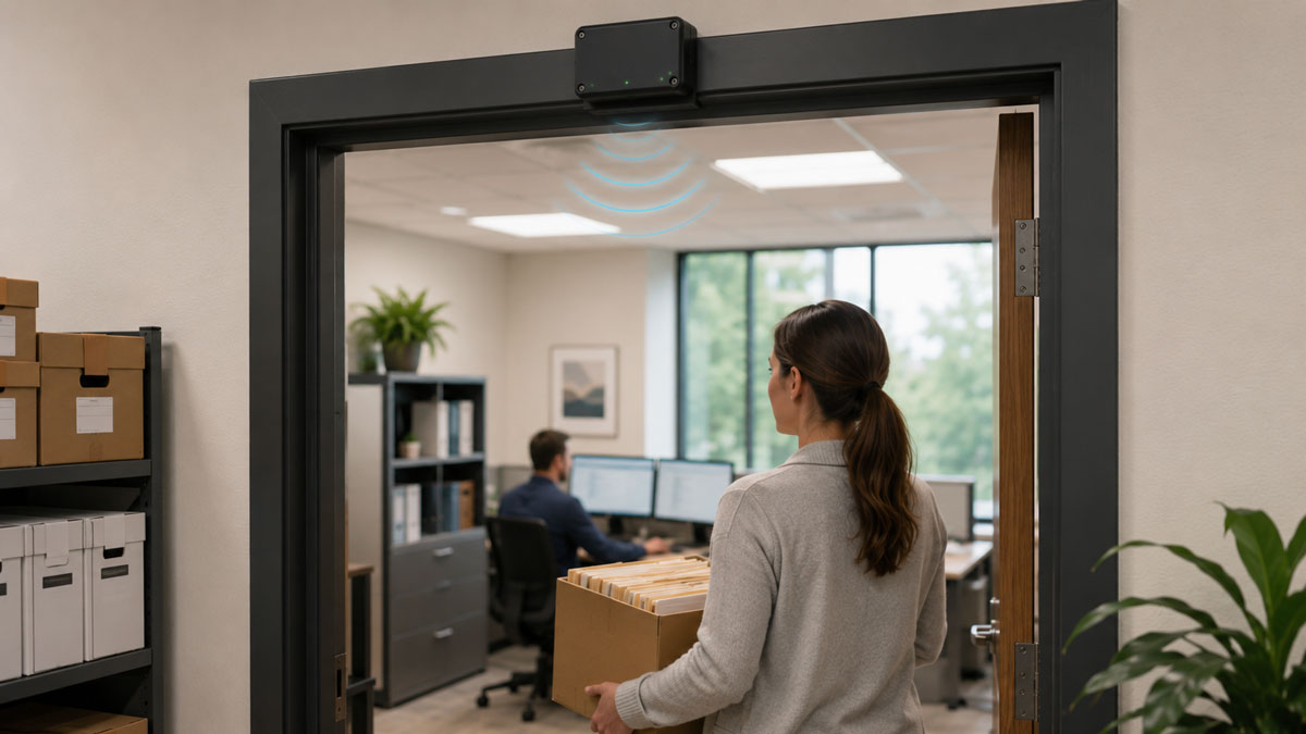 RFID fixed reader installed at a doorway for file tracking