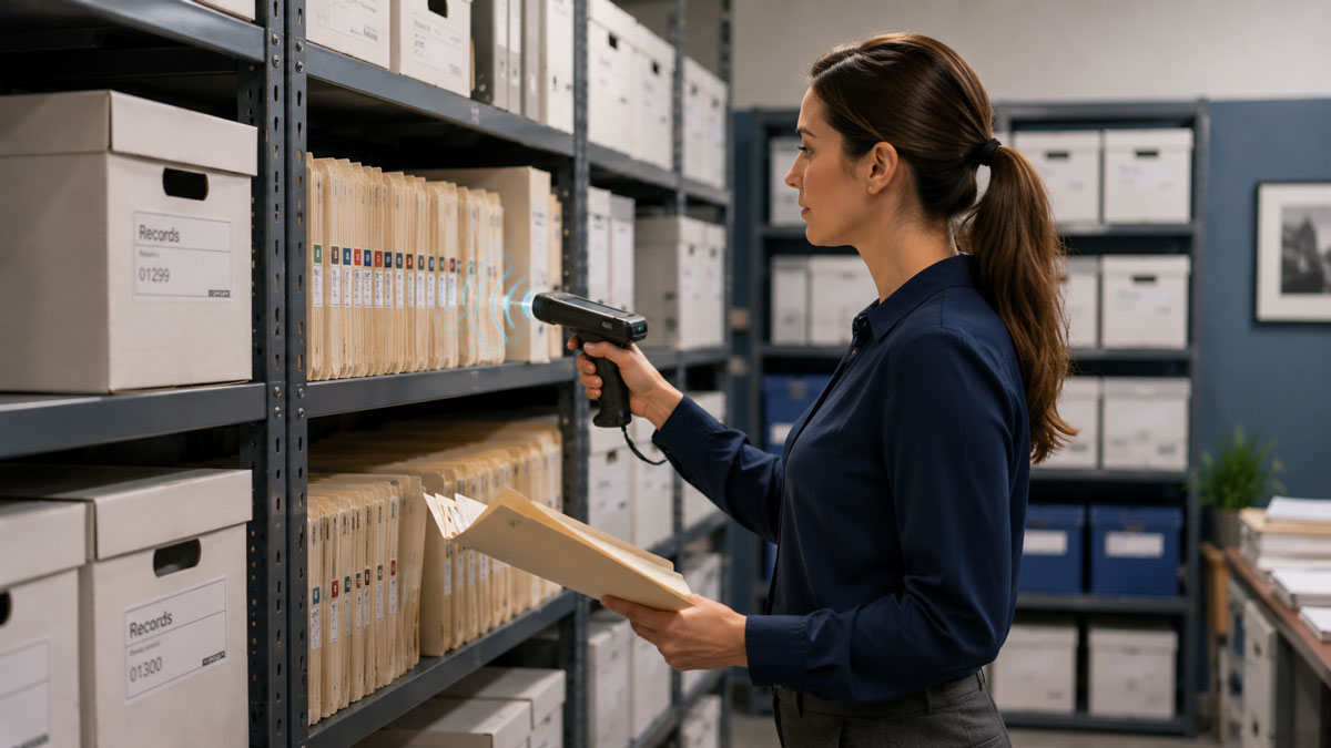 USB RFID scanner being used on filing shelves