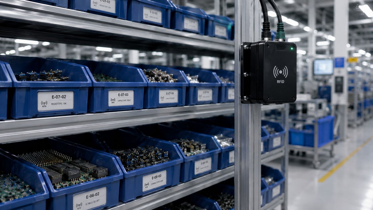 Electronics manufacturing line using RFID tags for labeling inventory
