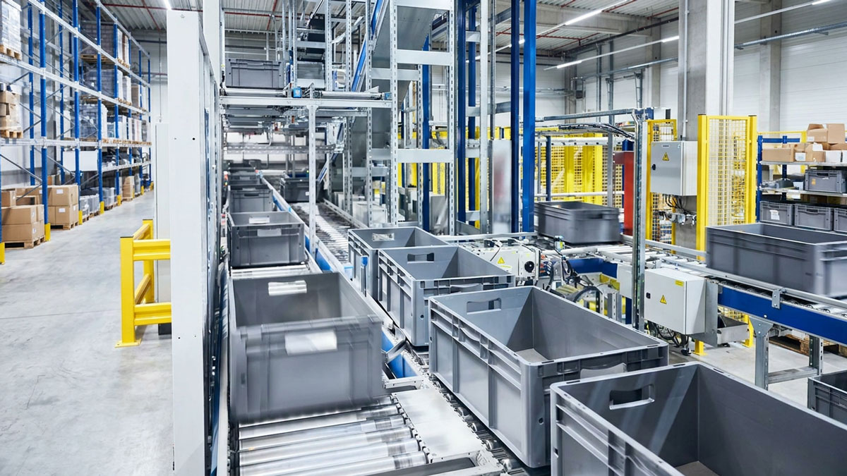 Fixed RFID readers scanning products on an automated conveyor in a manufacturing facility