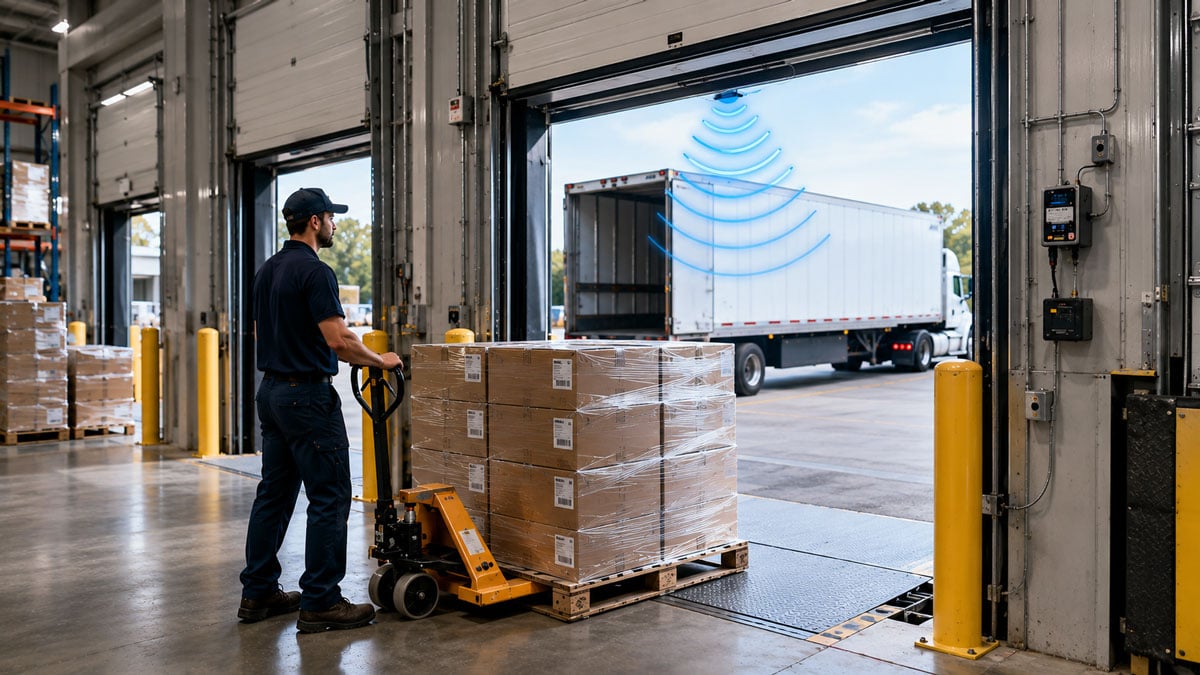 Fixed RFID reader at warehouse dock door scanning incoming inventory