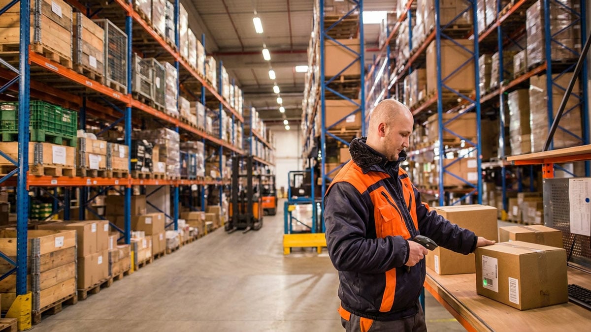 Warehouse worker using handheld RFID scanner to verify order picking